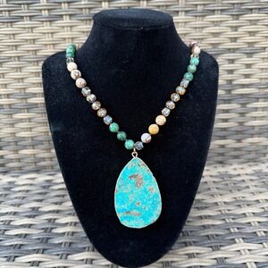 Boho Turquoise Look Slab Pendant Necklace Beaded Glass Stone Gold Tone